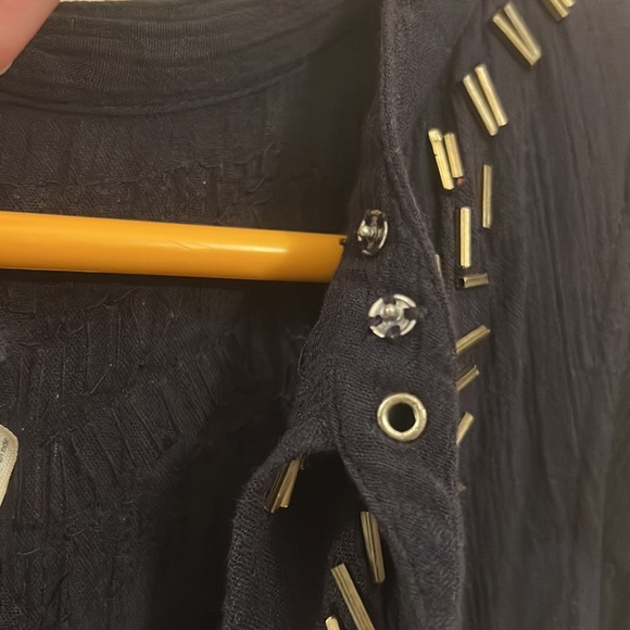 Free People navy blue beaded sleeves less & open back, snap & buckle collar top. - Picture 8 of 10